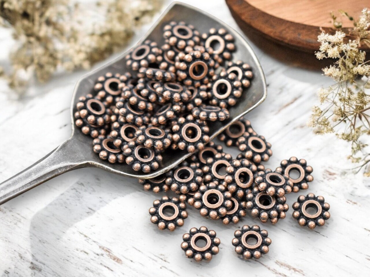7mm Antique Copper Daisy Spacer Beads -- Choose Your Quantity